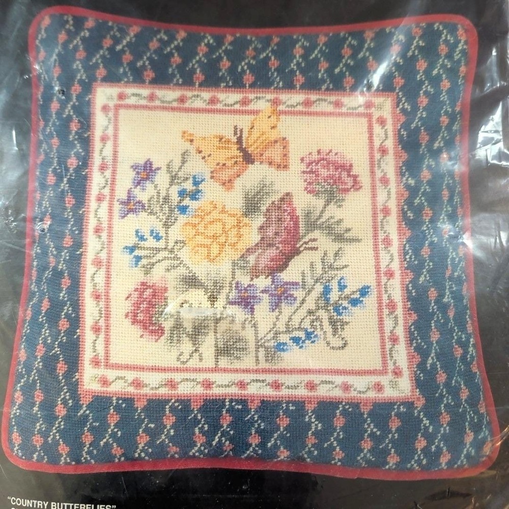1989 Bucilla Country Butterflies Floral Needlepoint Pillow Kit Cottagecore